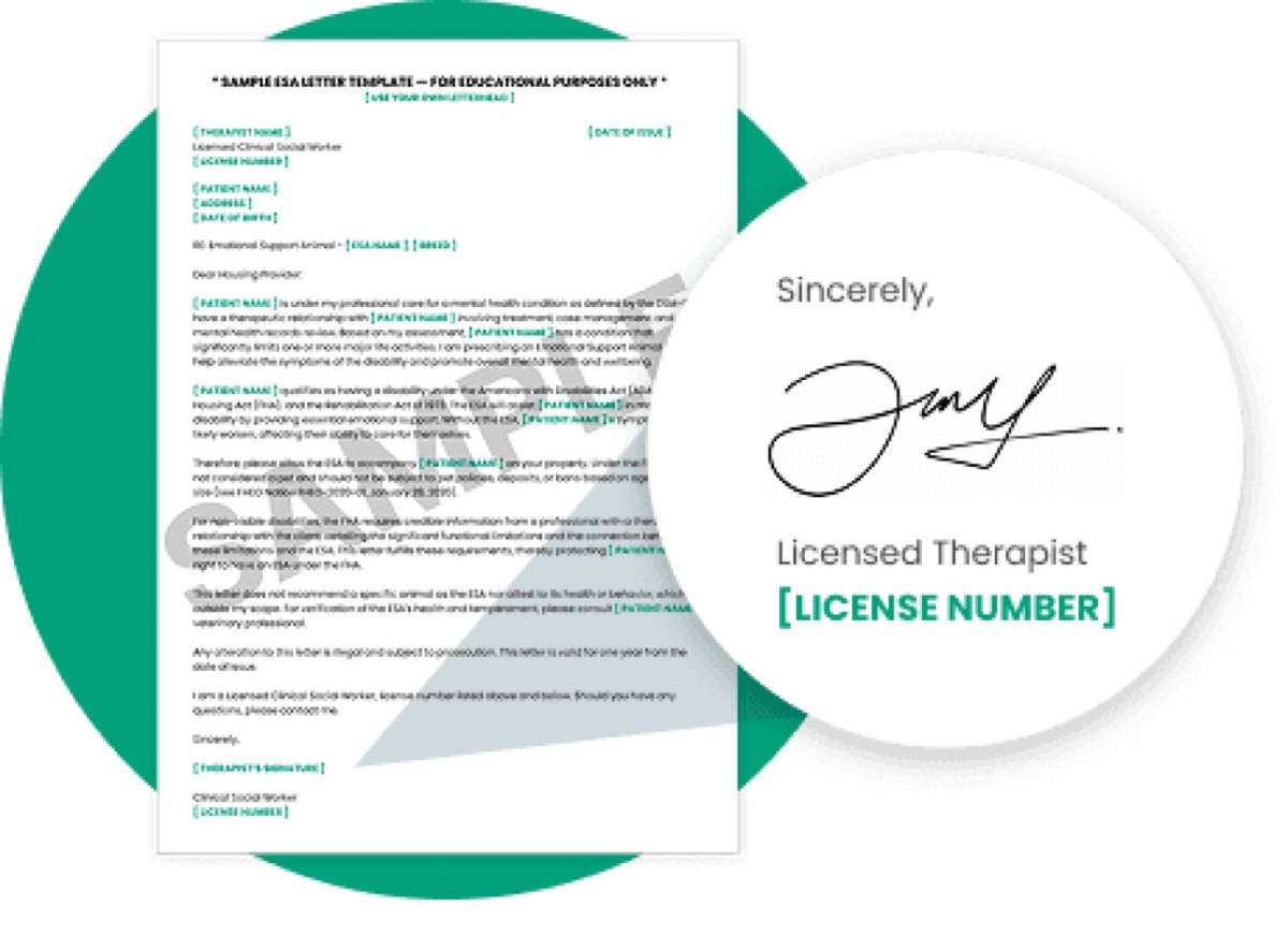 ESA Pet sample letter showing licensed therapist signature and license number