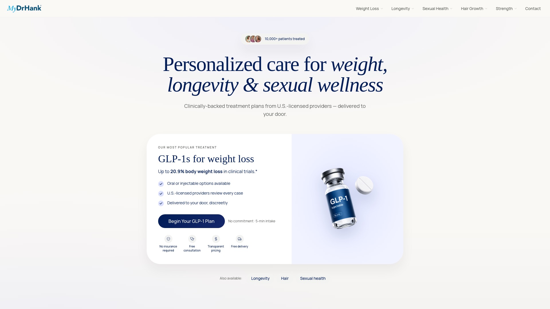 MyDrHank men's telehealth homepage showing GLP-1 weight loss treatment and pricing
